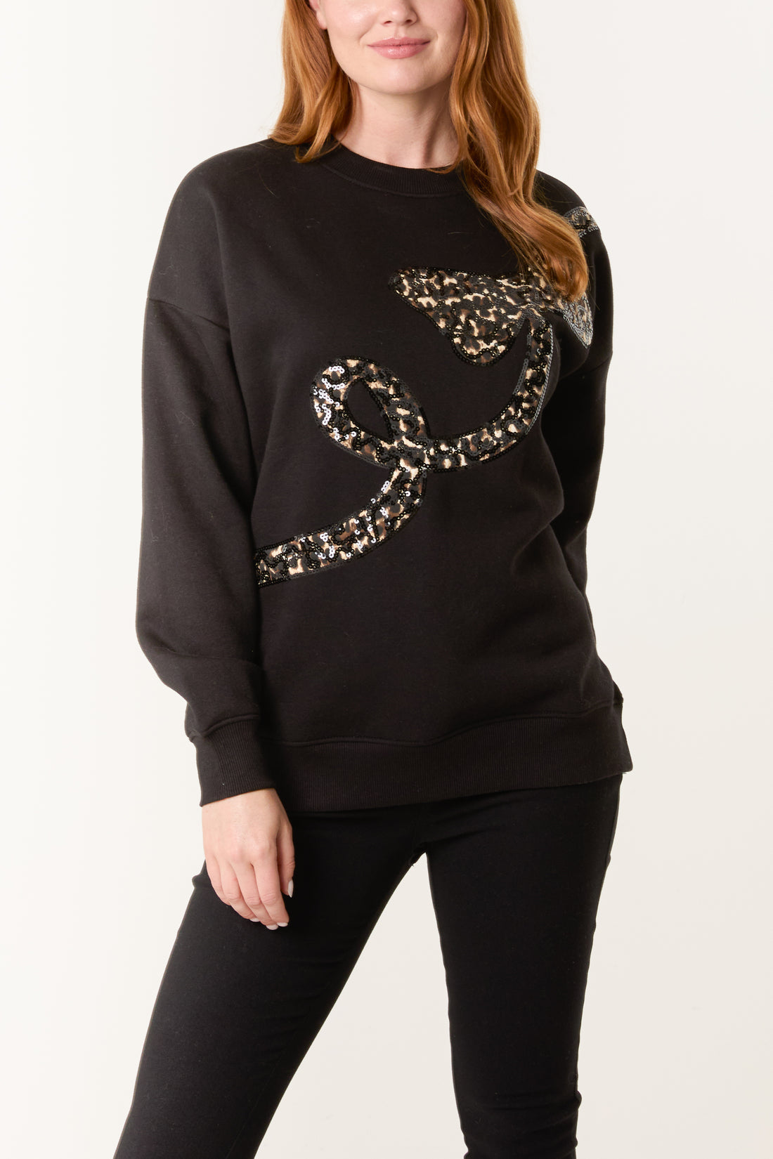 The Roxy — Sequin Animal Print Bow Sweatshirt