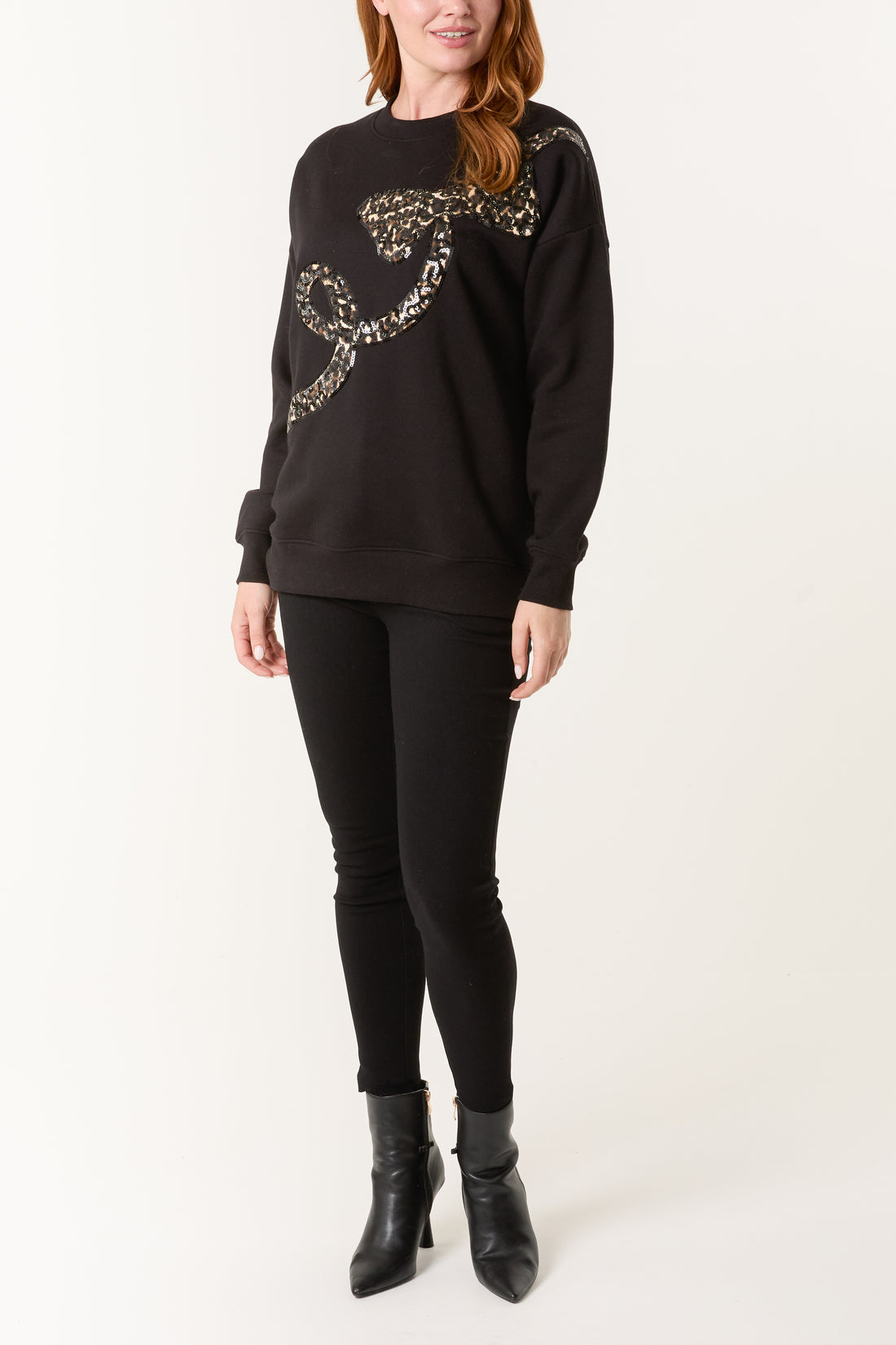 The Roxy — Sequin Animal Print Bow Sweatshirt