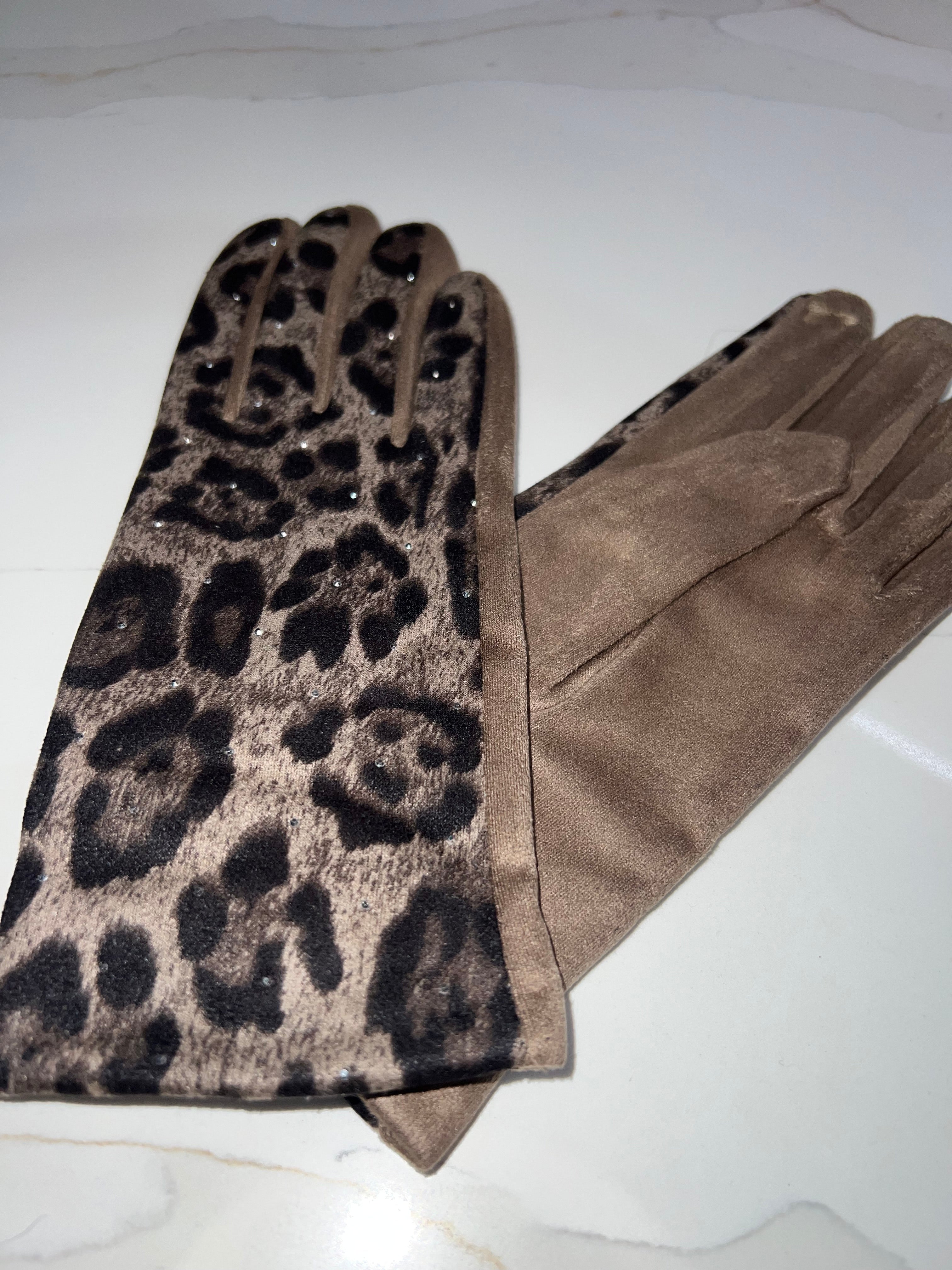 Leopard Diamanté Velour Gloves
