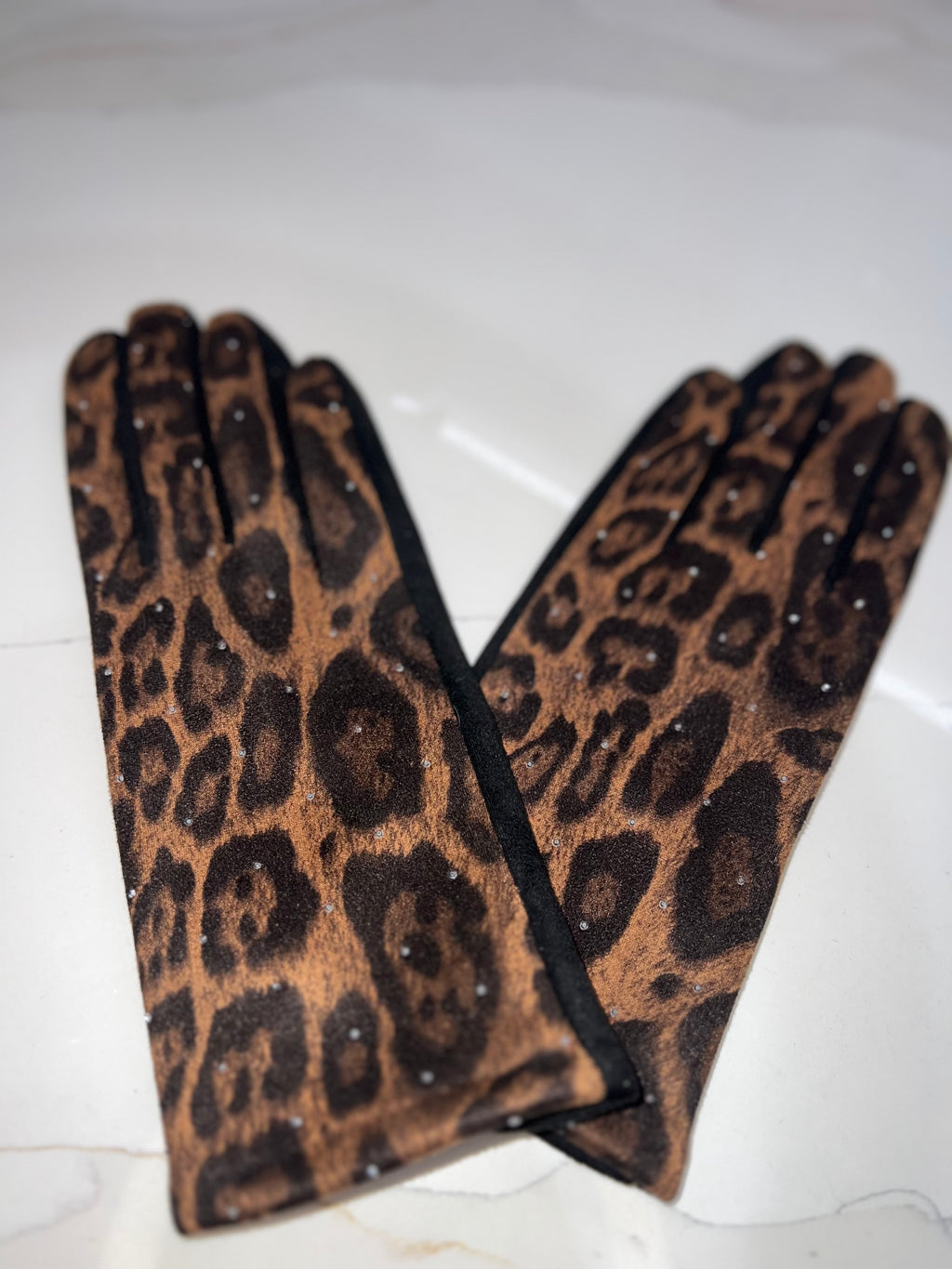 Leopard Diamanté Velour Gloves