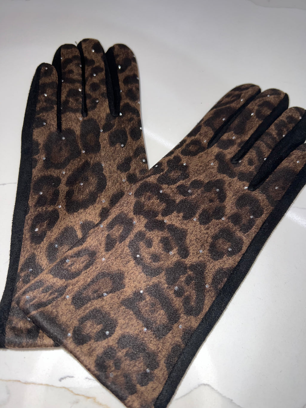 Leopard Diamanté Velour Gloves