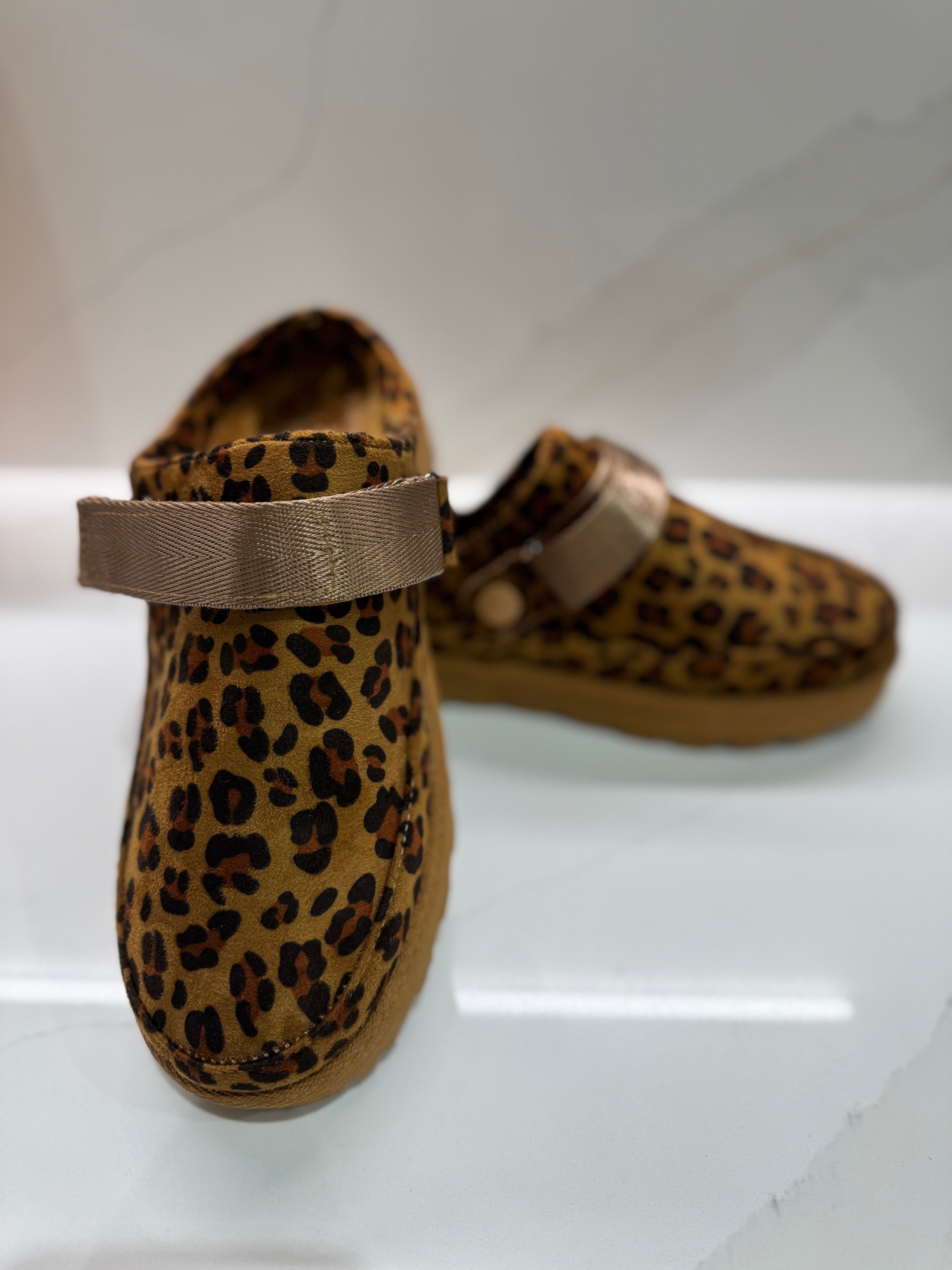 Leopard Faux Suede Strappy Clogs