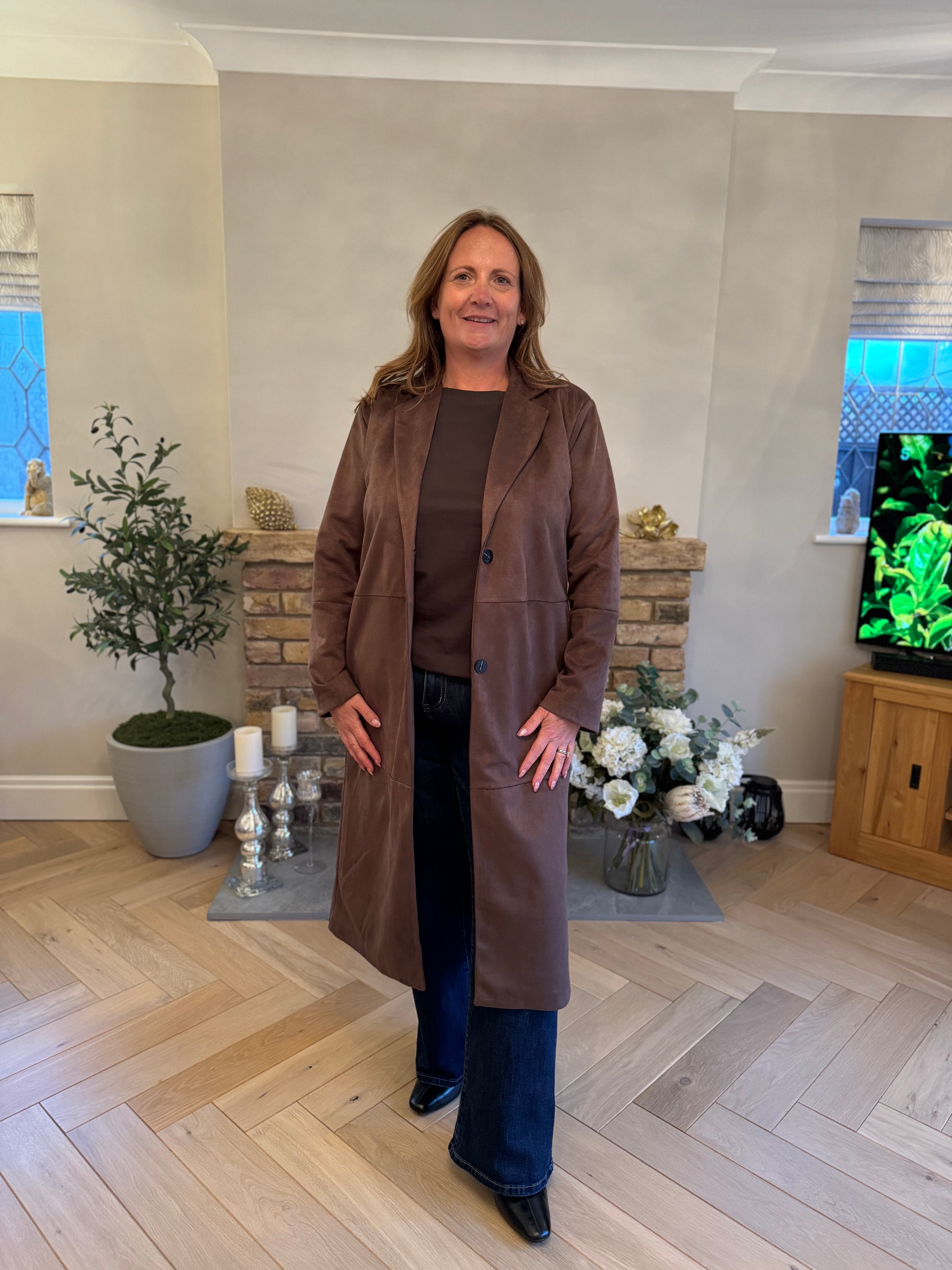 Ava – Faux Suede Duster Coat