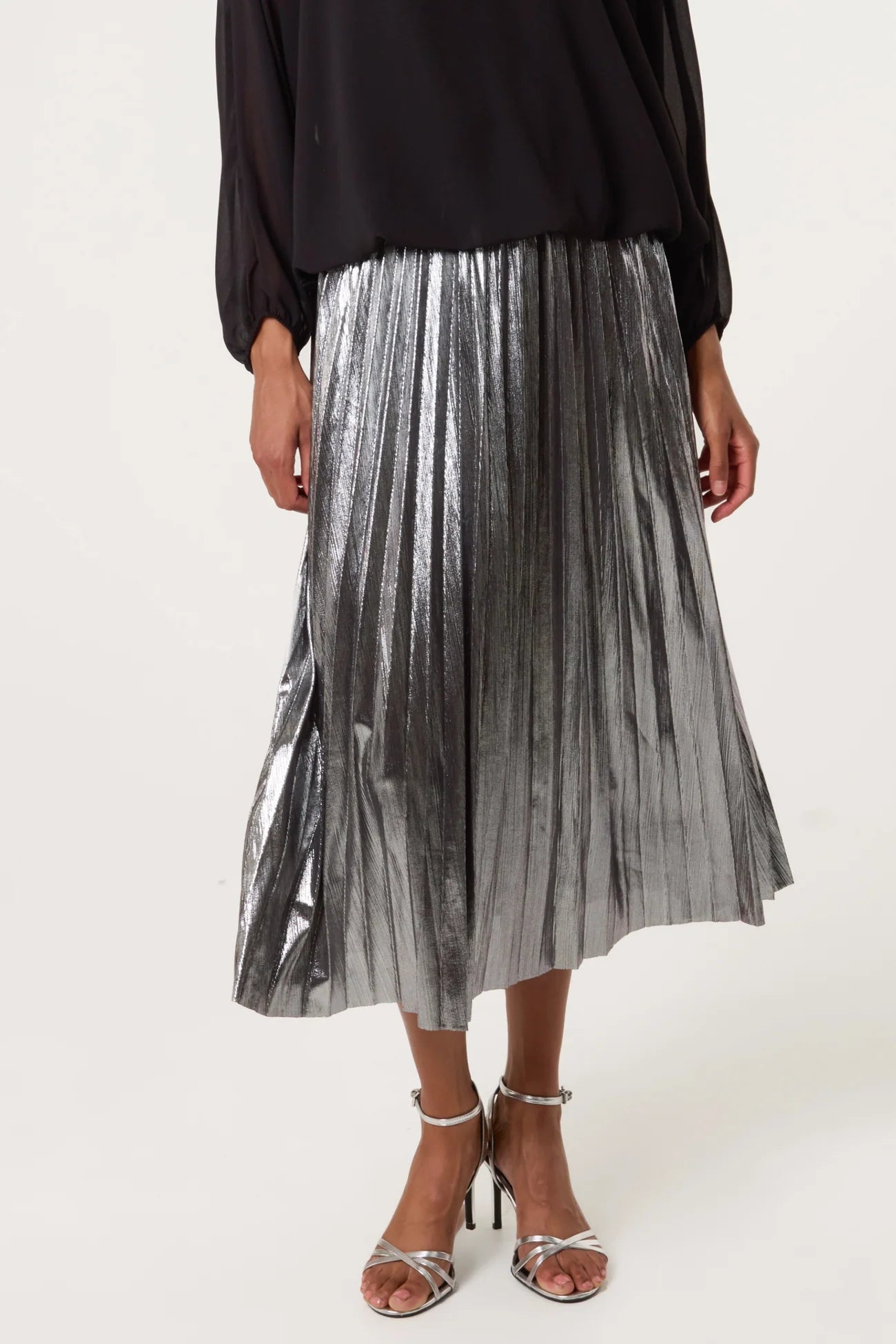 Metallic Pleated Midi Skirt
