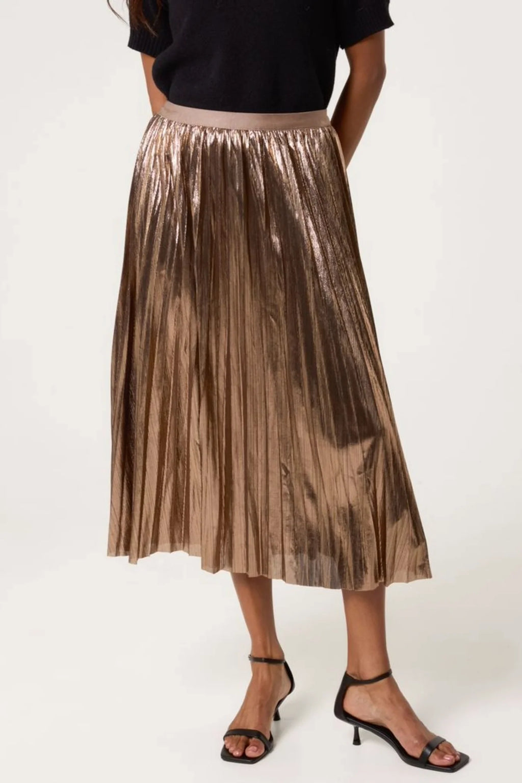 Metallic Pleated Midi Skirt