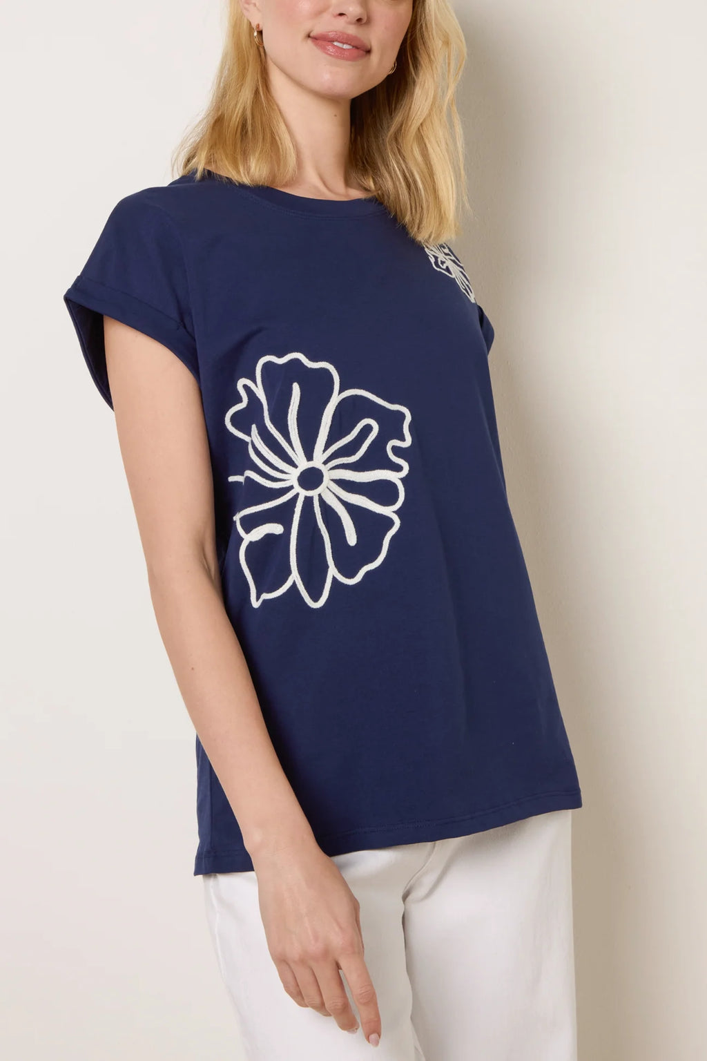 Flower Embroidery T‑Shirt – Navy & Ivory