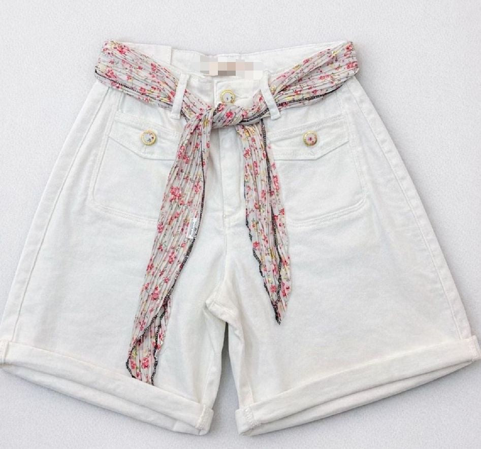 Flora White Belted Denim Shorts