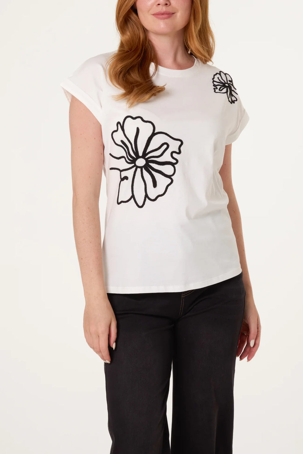 Flower Embroidery T‑Shirt – Navy & Ivory
